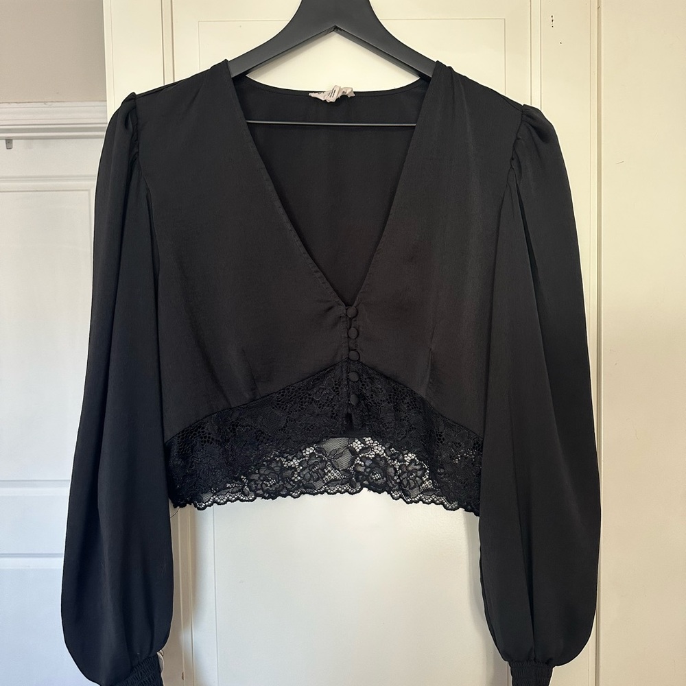 Black Puff Sleeve Crop Blouse with Tie Front